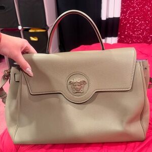 VERSACE Grained Calfskin Large La Medusa Top Handle Bag Beige Color